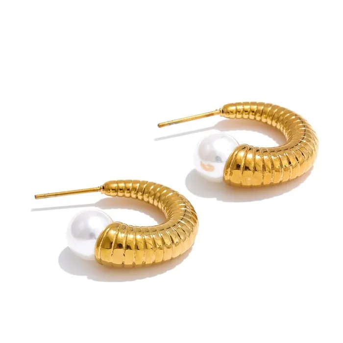 Earrings Mabel Love Co Pearl Ribbed Small Hoop Earrings