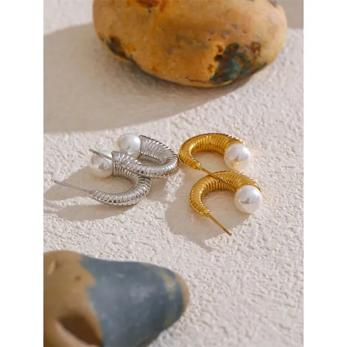 Earrings Mabel Love Co Pearl Ribbed Small Hoop Earrings