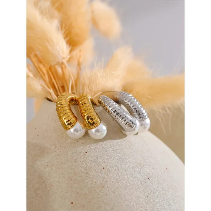 Earrings Mabel Love Co Pearl Ribbed Small Hoop Earrings