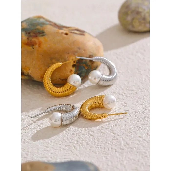 Earrings Mabel Love Co Pearl Ribbed Small Hoop Earrings