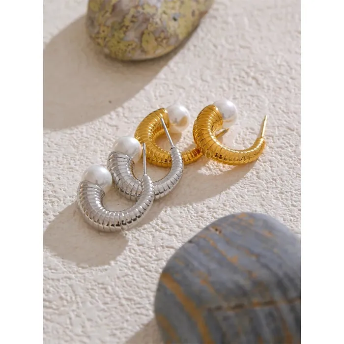 Earrings Mabel Love Co Pearl Ribbed Small Hoop Earrings