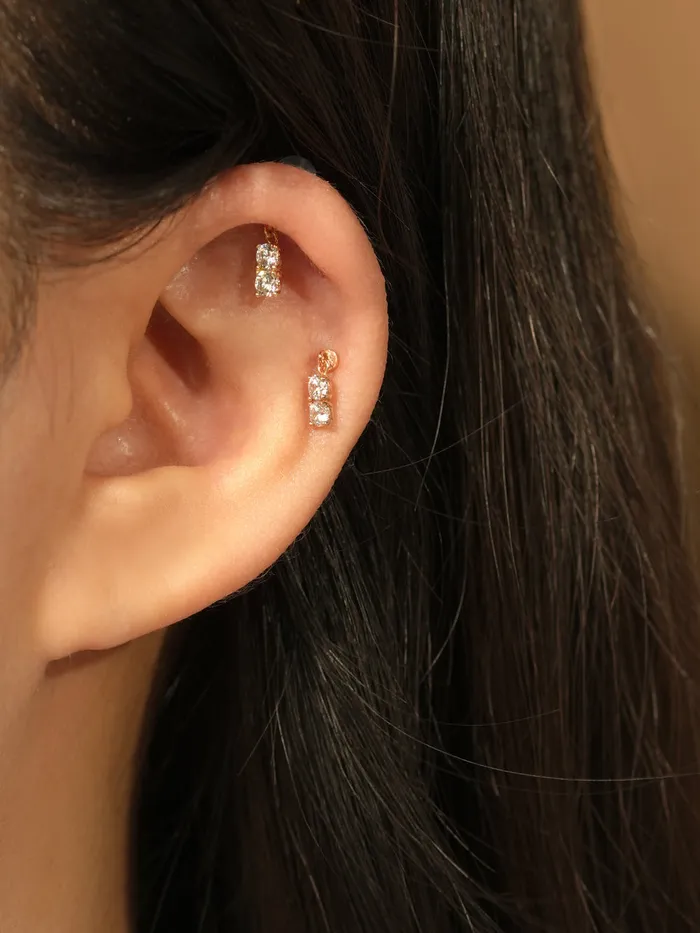Earrings MinimalBijoux 14K Gold Double Cubic Drop Internally Threaded Labret Piercing 20G18G16G