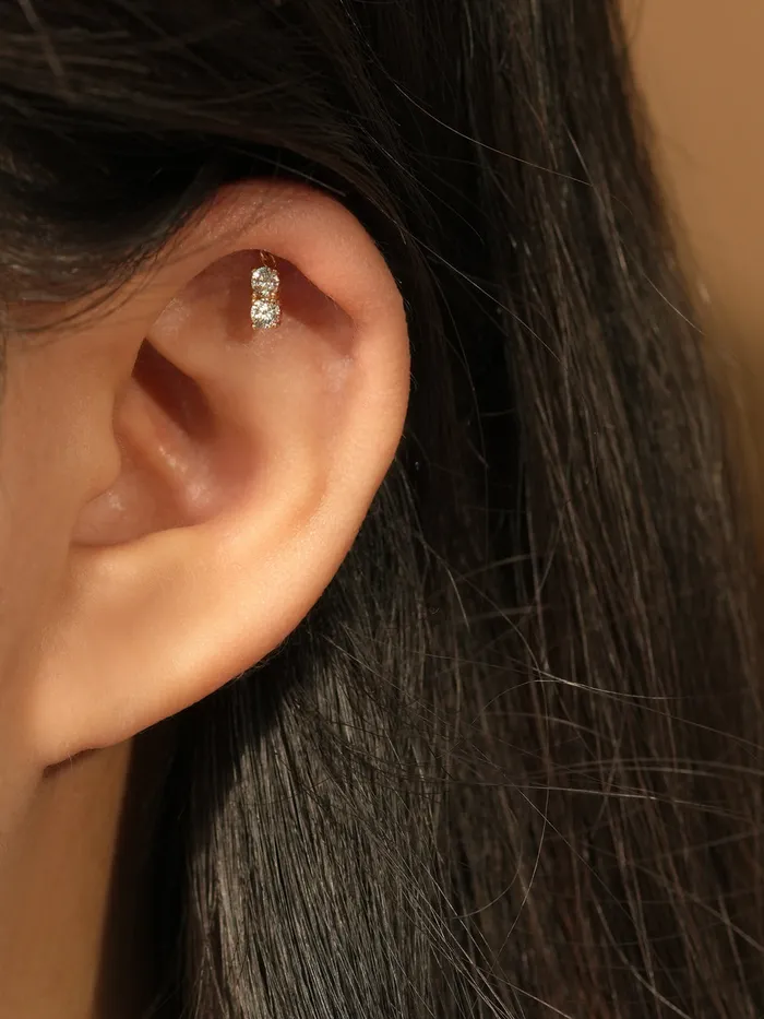 Earrings MinimalBijoux 14K Gold Double Cubic Drop Internally Threaded Labret Piercing 20G18G16G