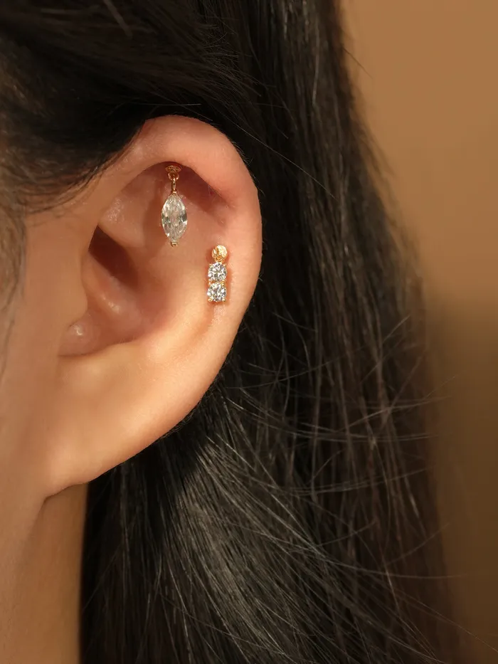 Earrings MinimalBijoux 14K Gold Double Cubic Drop Internally Threaded Labret Piercing 20G18G16G