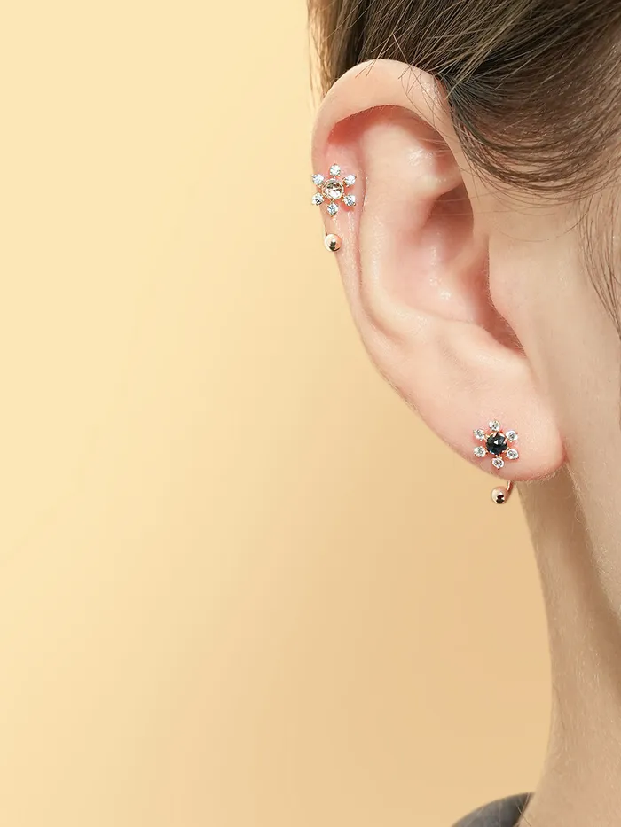 MinimalBijoux Earrings 14K Gold Flower RoseCut Cubic Curve Piercing 20G