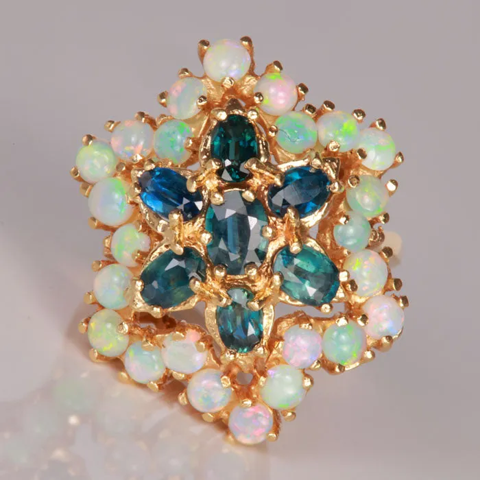 Moriartys Gem Art Rings 14K Yellow Gold Sapphire and Opal Cocktail Ring 200 Carats Moriartys Gem Art Rings 14K Yellow Gold Sapphire and Opal Cocktail Ring 200 Carats