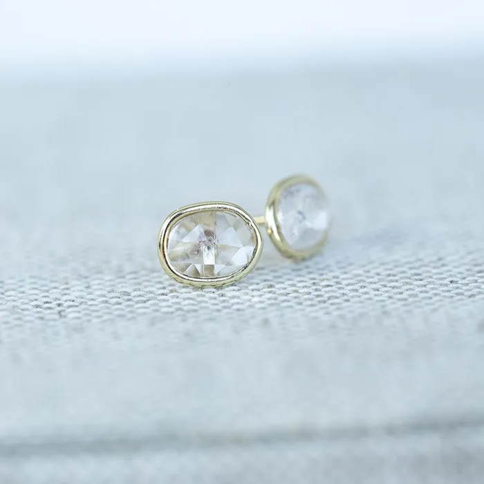 Oval Rose cut Sapphire Stud Earrings In Yellow Gold Bezel Set Anueva Jewelry Earrings