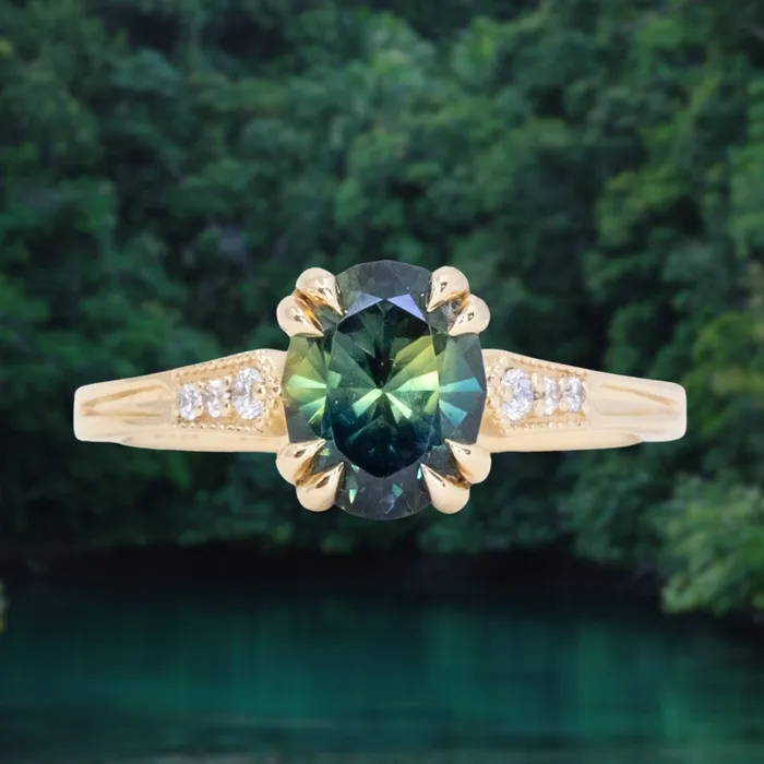 Rings 185ct Untreated Oval Parti Nigerian Sapphire and Diamond Vintage Cathedral Four Prong Ring in 14k Yellow Gold Anueva Jewelry Rings 185ct Untreated Oval Parti Nigerian Sapphire and Diamond Vintage Cathedral Four Prong Ring in 14k Yellow Gold Anueva Jewelry