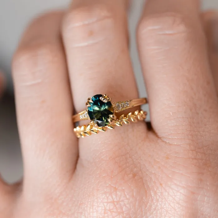 Rings 185ct Untreated Oval Parti Nigerian Sapphire and Diamond Vintage Cathedral Four Prong Ring in 14k Yellow Gold Anueva Jewelry
