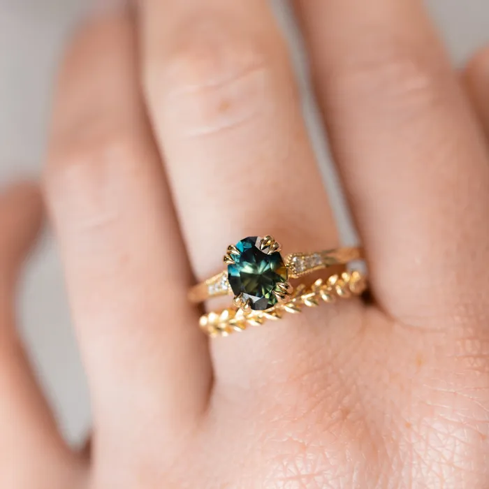 Rings 185ct Untreated Oval Parti Nigerian Sapphire and Diamond Vintage Cathedral Four Prong Ring in 14k Yellow Gold Anueva Jewelry