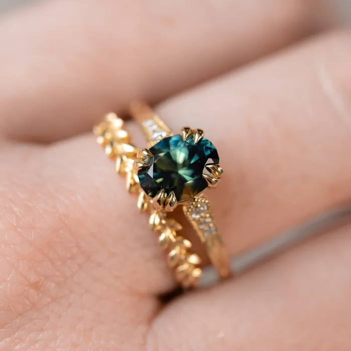 Rings 185ct Untreated Oval Parti Nigerian Sapphire and Diamond Vintage Cathedral Four Prong Ring in 14k Yellow Gold Anueva Jewelry