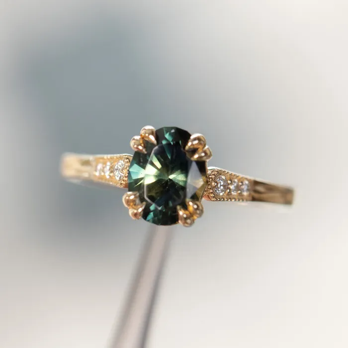 Rings 185ct Untreated Oval Parti Nigerian Sapphire and Diamond Vintage Cathedral Four Prong Ring in 14k Yellow Gold Anueva Jewelry