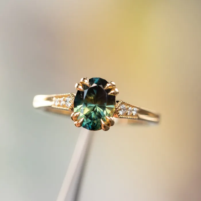 Rings 185ct Untreated Oval Parti Nigerian Sapphire and Diamond Vintage Cathedral Four Prong Ring in 14k Yellow Gold Anueva Jewelry