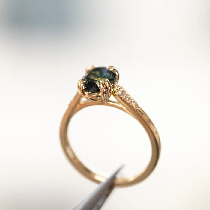 Rings 185ct Untreated Oval Parti Nigerian Sapphire and Diamond Vintage Cathedral Four Prong Ring in 14k Yellow Gold Anueva Jewelry