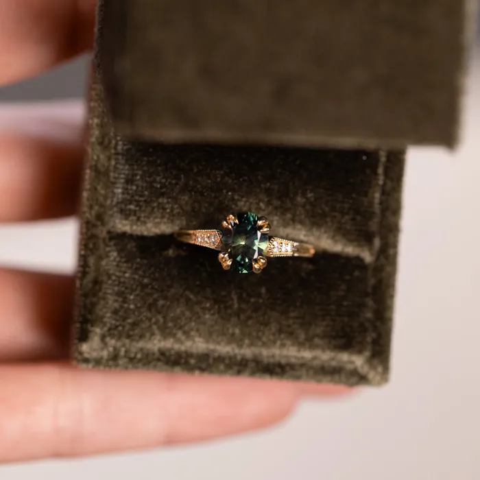 Rings 185ct Untreated Oval Parti Nigerian Sapphire and Diamond Vintage Cathedral Four Prong Ring in 14k Yellow Gold Anueva Jewelry