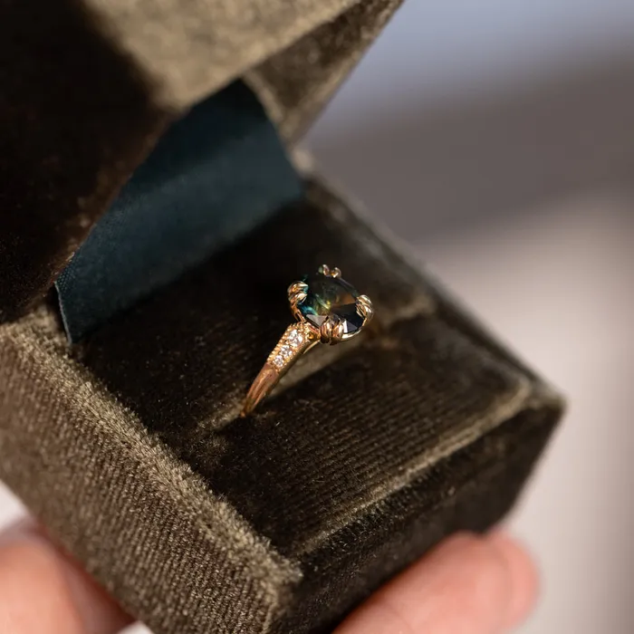 Rings 185ct Untreated Oval Parti Nigerian Sapphire and Diamond Vintage Cathedral Four Prong Ring in 14k Yellow Gold Anueva Jewelry