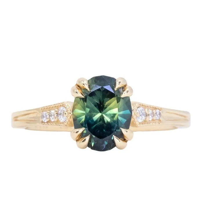 Rings 185ct Untreated Oval Parti Nigerian Sapphire and Diamond Vintage Cathedral Four Prong Ring in 14k Yellow Gold Anueva Jewelry