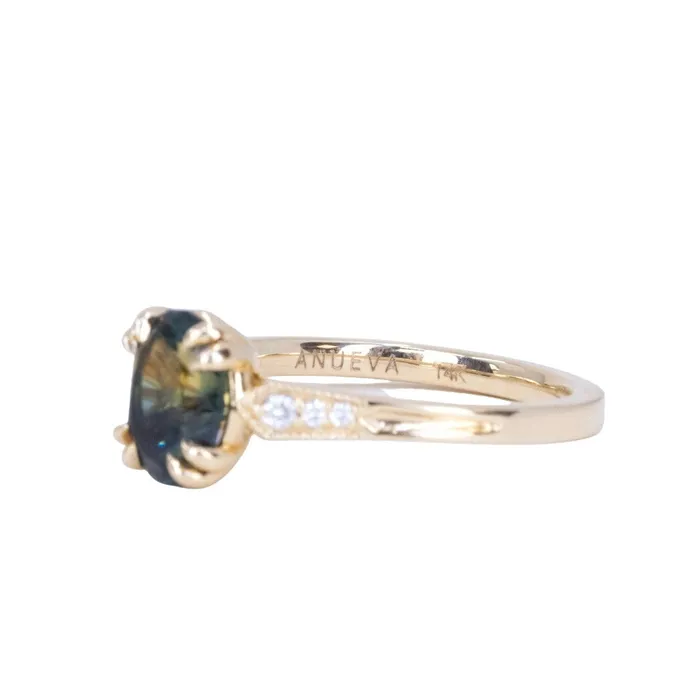Rings 185ct Untreated Oval Parti Nigerian Sapphire and Diamond Vintage Cathedral Four Prong Ring in 14k Yellow Gold Anueva Jewelry