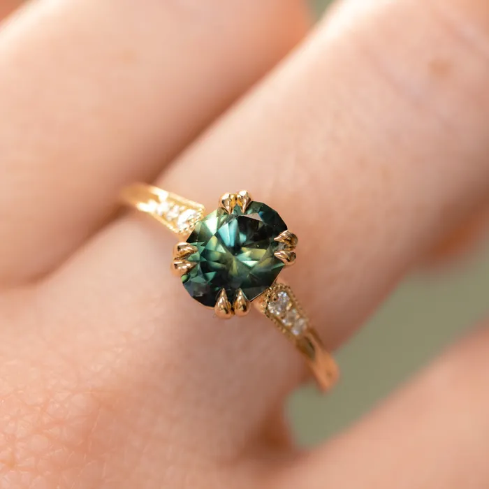Rings 185ct Untreated Oval Parti Nigerian Sapphire and Diamond Vintage Cathedral Four Prong Ring in 14k Yellow Gold Anueva Jewelry
