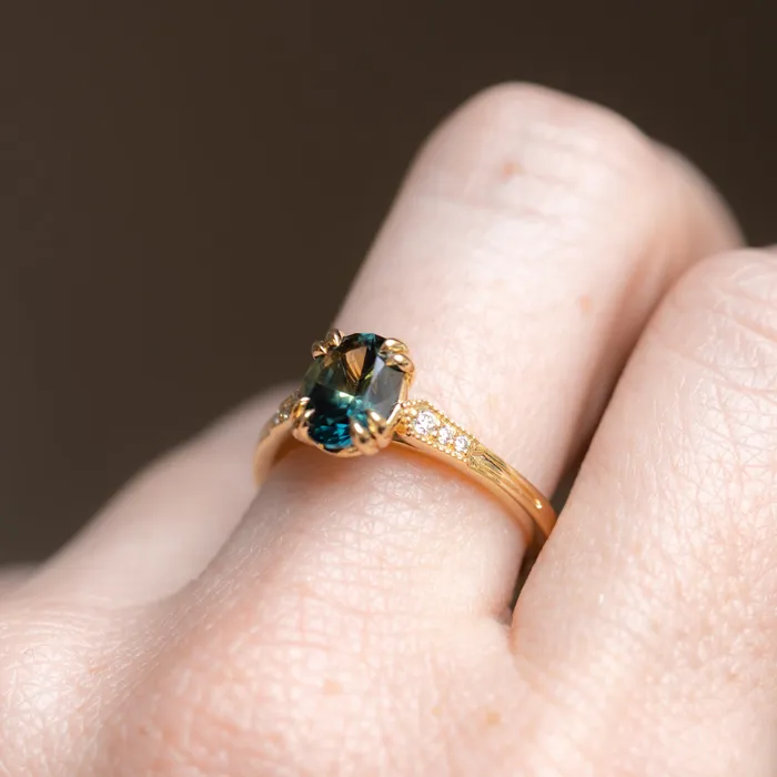 Rings 185ct Untreated Oval Parti Nigerian Sapphire and Diamond Vintage Cathedral Four Prong Ring in 14k Yellow Gold Anueva Jewelry