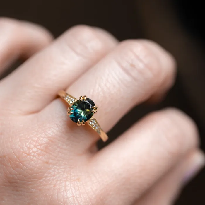 Rings 185ct Untreated Oval Parti Nigerian Sapphire and Diamond Vintage Cathedral Four Prong Ring in 14k Yellow Gold Anueva Jewelry