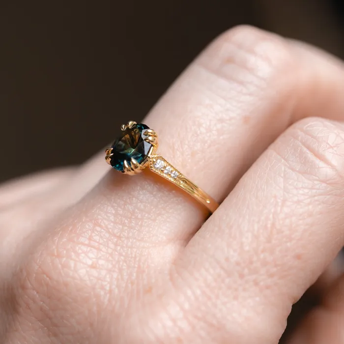 Rings 185ct Untreated Oval Parti Nigerian Sapphire and Diamond Vintage Cathedral Four Prong Ring in 14k Yellow Gold Anueva Jewelry