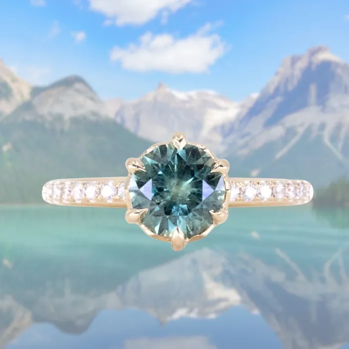 Rings Americut Gems 133ct Precision Cut Teal Round Montana Sapphire Lotus Six Prong Solitaire with Diamonds in 14k Yellow Gold Rings Americut Gems 133ct Precision Cut Teal Round Montana Sapphire Lotus Six Prong Solitaire with Diamonds in 14k Yellow Gold