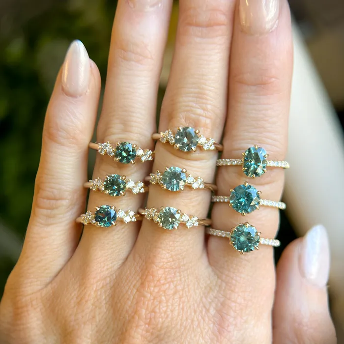 Rings Americut Gems 133ct Precision Cut Teal Round Montana Sapphire Lotus Six Prong Solitaire with Diamonds in 14k Yellow Gold