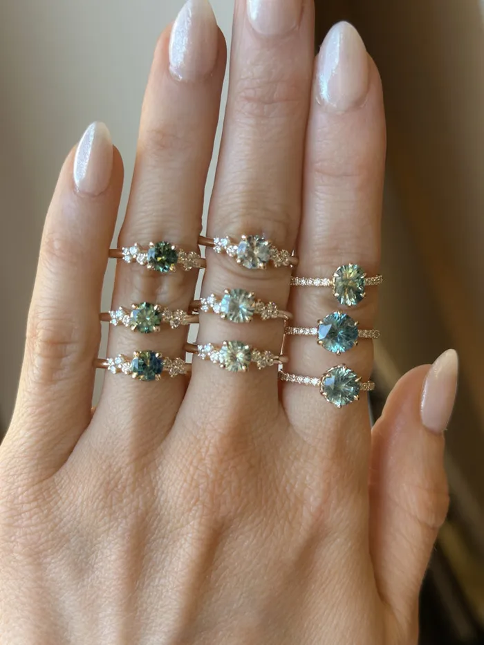 Rings Americut Gems 133ct Precision Cut Teal Round Montana Sapphire Lotus Six Prong Solitaire with Diamonds in 14k Yellow Gold