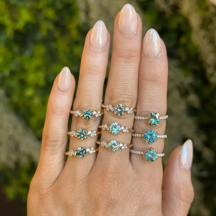 Rings Americut Gems 133ct Precision Cut Teal Round Montana Sapphire Lotus Six Prong Solitaire with Diamonds in 14k Yellow Gold