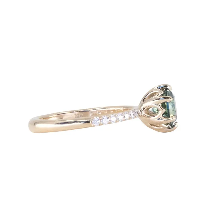 Rings Americut Gems 133ct Precision Cut Teal Round Montana Sapphire Lotus Six Prong Solitaire with Diamonds in 14k Yellow Gold