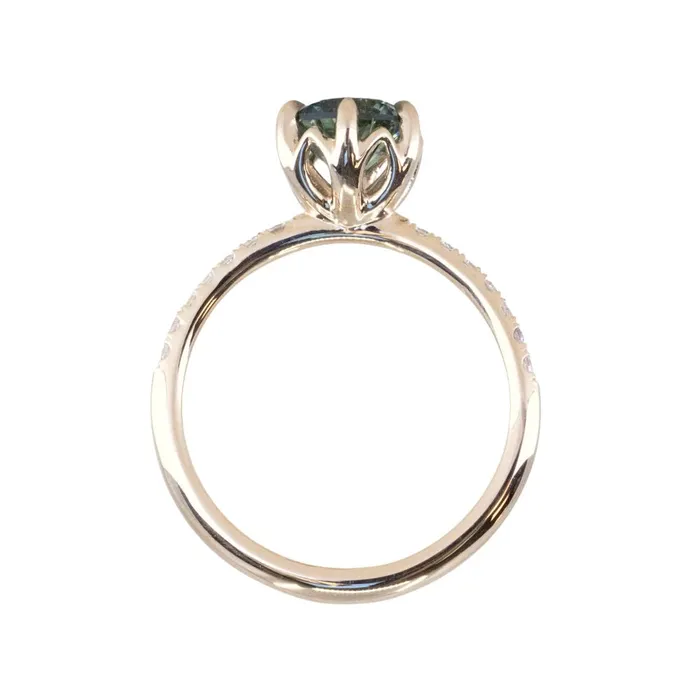 Rings Americut Gems 133ct Precision Cut Teal Round Montana Sapphire Lotus Six Prong Solitaire with Diamonds in 14k Yellow Gold