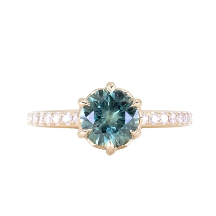 Rings Americut Gems 133ct Precision Cut Teal Round Montana Sapphire Lotus Six Prong Solitaire with Diamonds in 14k Yellow Gold