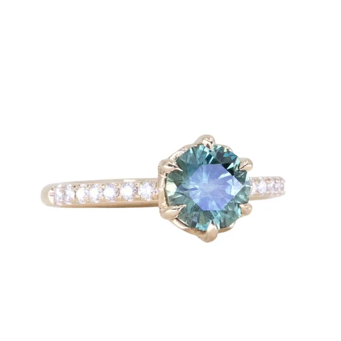 Rings Americut Gems 133ct Precision Cut Teal Round Montana Sapphire Lotus Six Prong Solitaire with Diamonds in 14k Yellow Gold