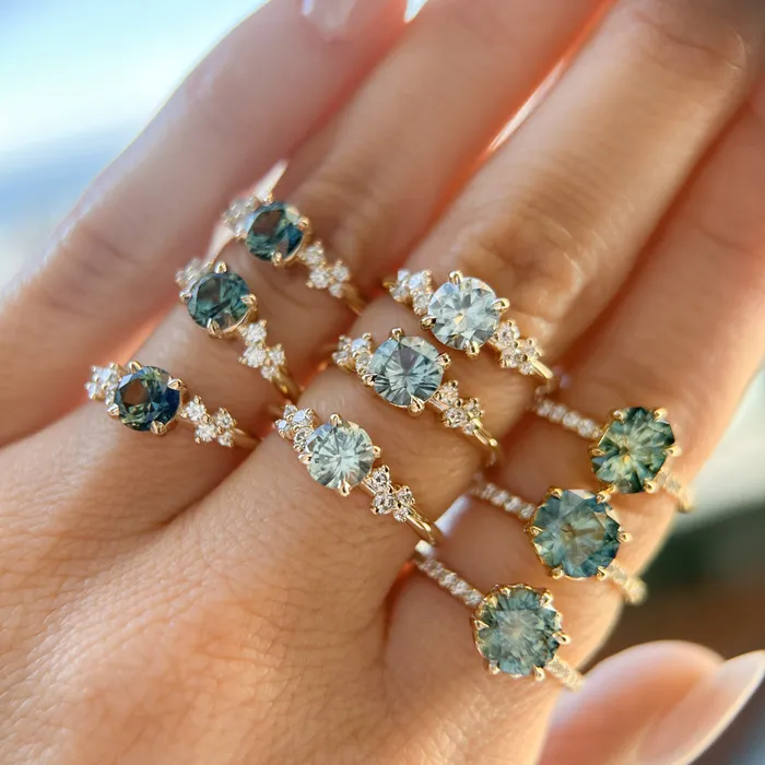 Rings Americut Gems 133ct Precision Cut Teal Round Montana Sapphire Lotus Six Prong Solitaire with Diamonds in 14k Yellow Gold