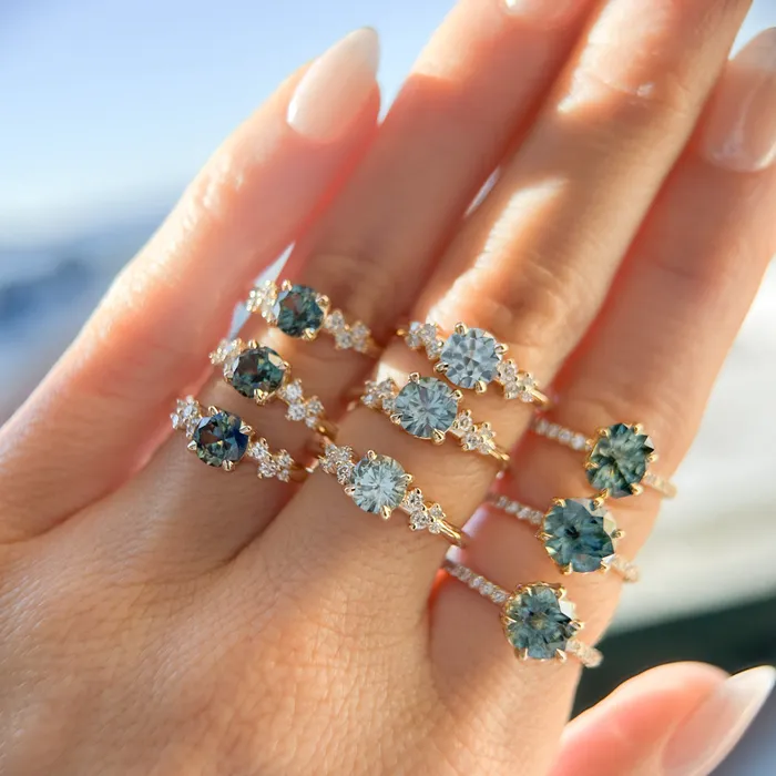 Rings Americut Gems 133ct Precision Cut Teal Round Montana Sapphire Lotus Six Prong Solitaire with Diamonds in 14k Yellow Gold