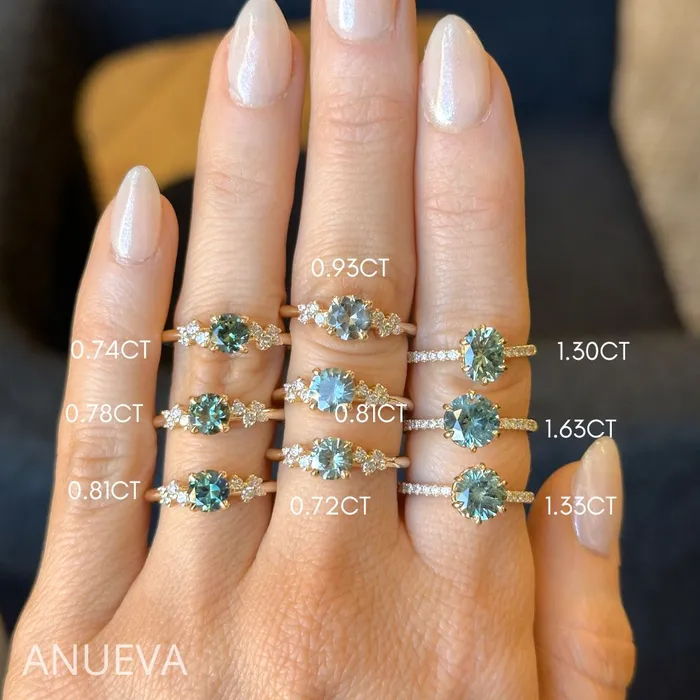 Rings Americut Gems 133ct Precision Cut Teal Round Montana Sapphire Lotus Six Prong Solitaire with Diamonds in 14k Yellow Gold