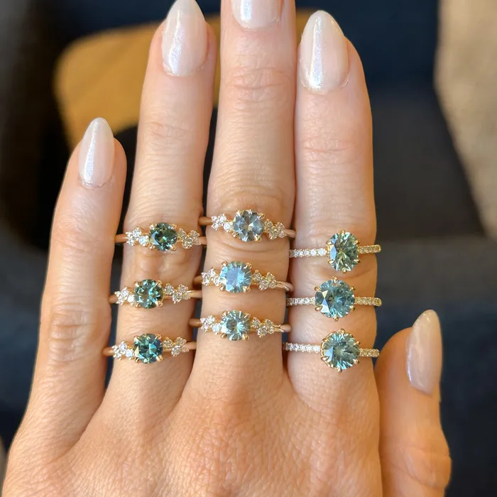 Rings Americut Gems 133ct Precision Cut Teal Round Montana Sapphire Lotus Six Prong Solitaire with Diamonds in 14k Yellow Gold