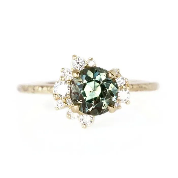 Rings Anueva Jewelry 152ct Montana Sapphire and Asymmetrical Diamond Cluster Ring in 14k Yellow Gold Rings Anueva Jewelry 152ct Montana Sapphire and Asymmetrical Diamond Cluster Ring in 14k Yellow Gold