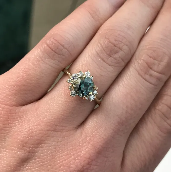 Rings Anueva Jewelry 152ct Montana Sapphire and Asymmetrical Diamond Cluster Ring in 14k Yellow Gold