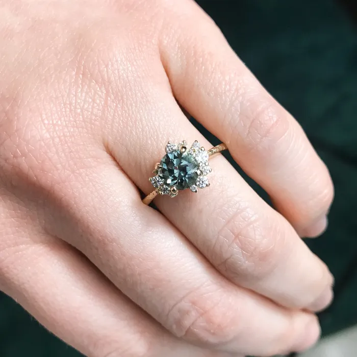 Rings Anueva Jewelry 152ct Montana Sapphire and Asymmetrical Diamond Cluster Ring in 14k Yellow Gold