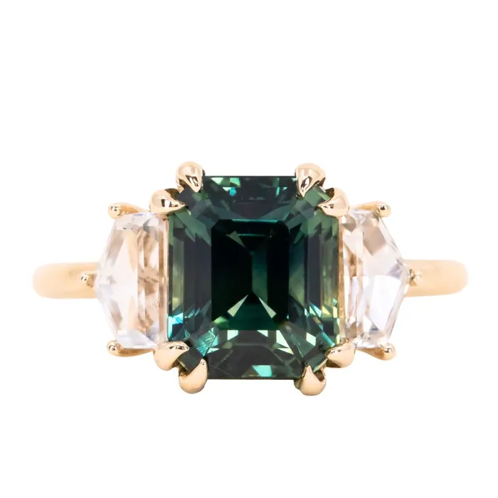 Rings Anueva Jewelry 414ct Emerald Cut Parti Sapphire and Cadillac White Sapphire Three Stone Ring in 14k Yellow Gold
