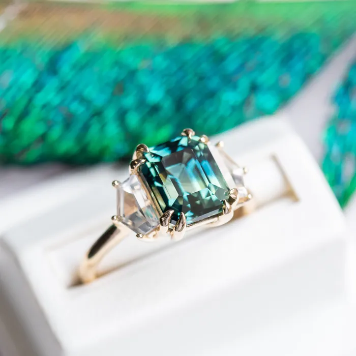 Rings Anueva Jewelry 414ct Emerald Cut Parti Sapphire and Cadillac White Sapphire Three Stone Ring in 14k Yellow Gold