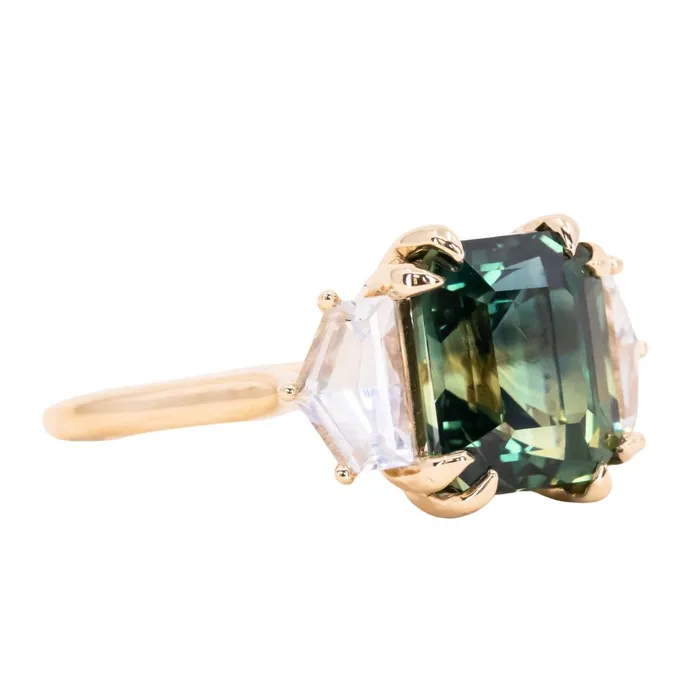 Rings Anueva Jewelry 414ct Emerald Cut Parti Sapphire and Cadillac White Sapphire Three Stone Ring in 14k Yellow Gold