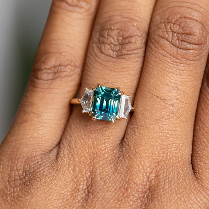 Rings Anueva Jewelry 414ct Emerald Cut Parti Sapphire and Cadillac White Sapphire Three Stone Ring in 14k Yellow Gold