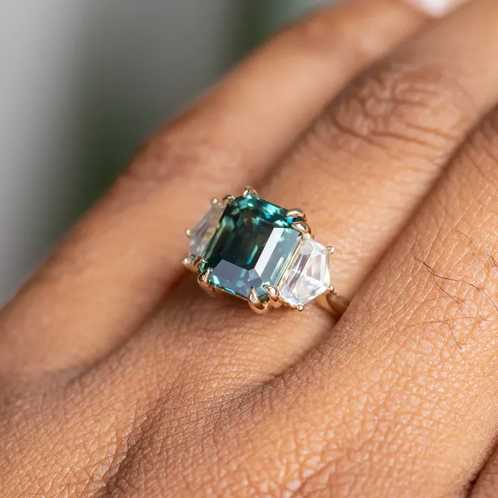 Rings Anueva Jewelry 414ct Emerald Cut Parti Sapphire and Cadillac White Sapphire Three Stone Ring in 14k Yellow Gold