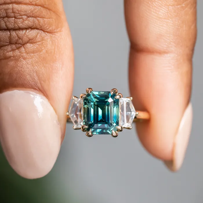 Rings Anueva Jewelry 414ct Emerald Cut Parti Sapphire and Cadillac White Sapphire Three Stone Ring in 14k Yellow Gold