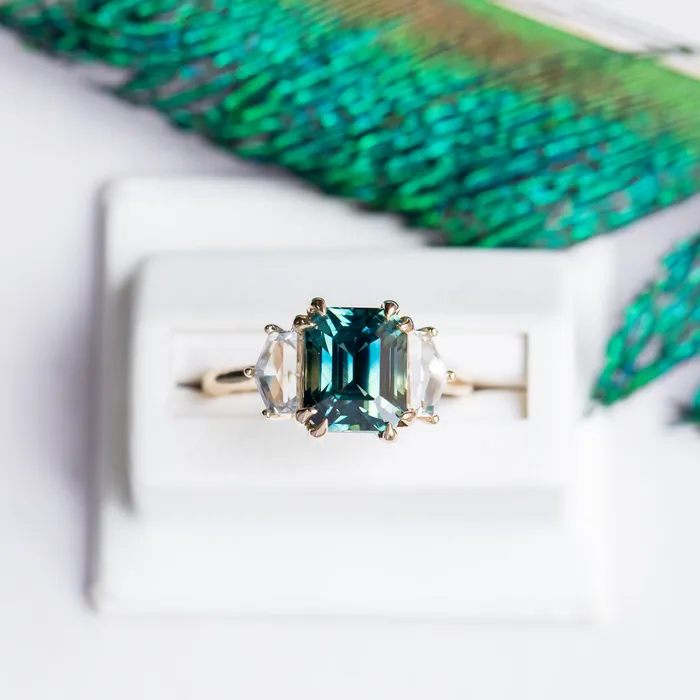 Rings Anueva Jewelry 414ct Emerald Cut Parti Sapphire and Cadillac White Sapphire Three Stone Ring in 14k Yellow Gold