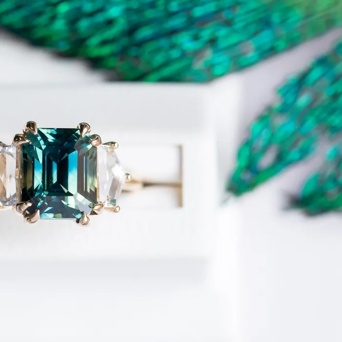 Rings Anueva Jewelry 414ct Emerald Cut Parti Sapphire and Cadillac White Sapphire Three Stone Ring in 14k Yellow Gold