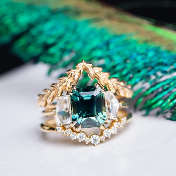 Rings Anueva Jewelry 414ct Emerald Cut Parti Sapphire and Cadillac White Sapphire Three Stone Ring in 14k Yellow Gold